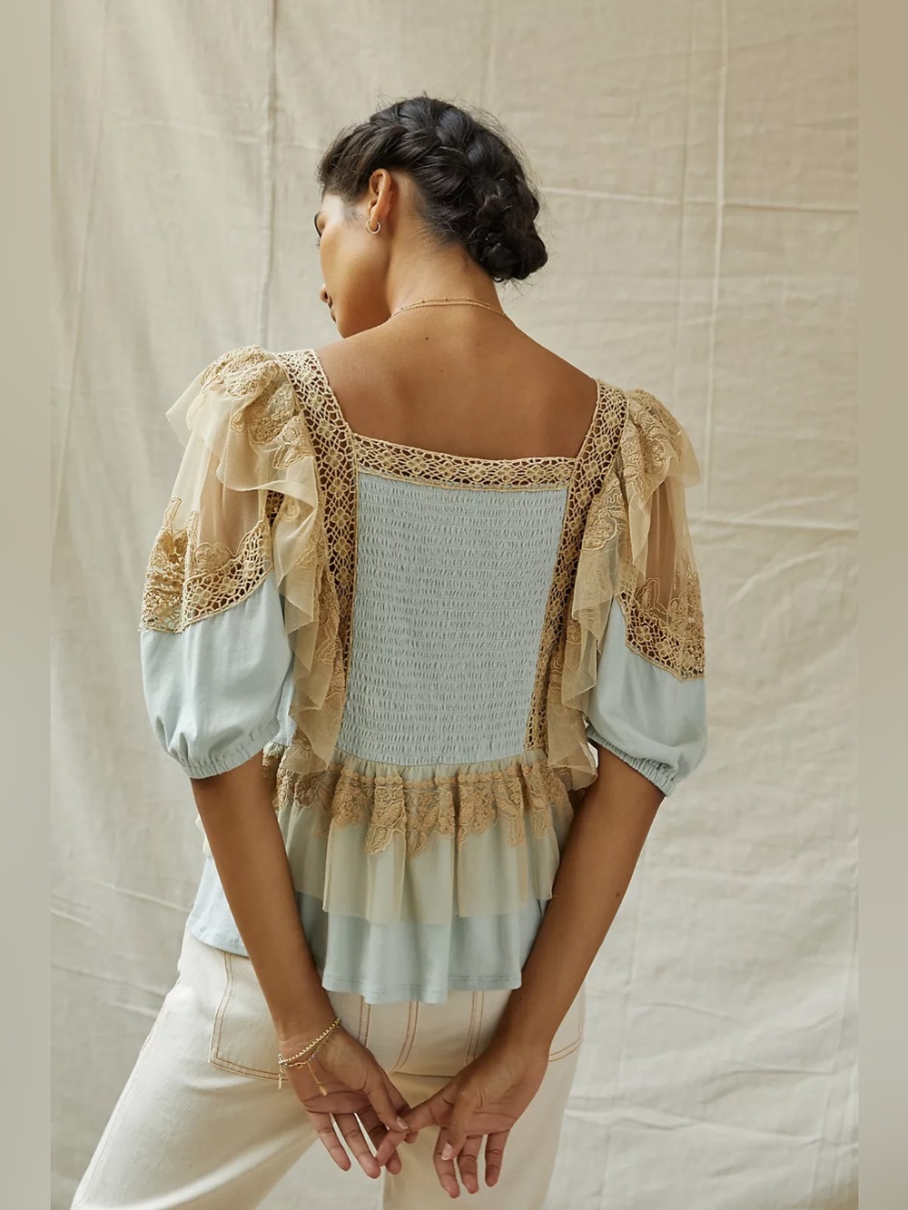 NWT Forever That Girl Blue/Tan Ruffle Lace Peplum Fairy Top Large Anthropologie - Picture 7 of 16